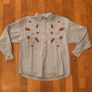 Light Denim Button Down w/ Fall Embroidery